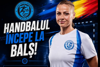 Promotional banner for handball club BALS showing a player in a white jersey with blue crest and the Romanian text “Handbalul ÎNCEPE LA BALS!”.