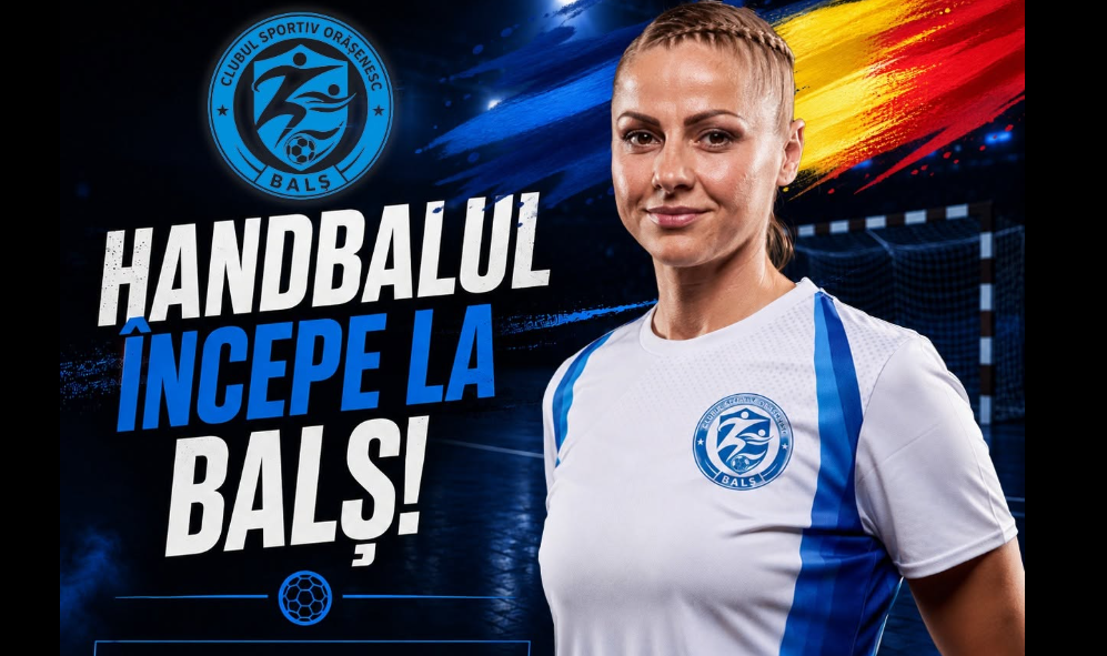 Promotional banner for handball club BALS showing a player in a white jersey with blue crest and the Romanian text “Handbalul ÎNCEPE LA BALS!”.