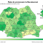 Map of Romania with counties colored by Bacalaureat pass rates for July–August 2026, showing each county's percentage and a color gradient from yellow (low) to dark green (high). Inset shows Bucharest with its own values; title reads 'Rata de promovare la Bacalaureat' and a legend at bottom.