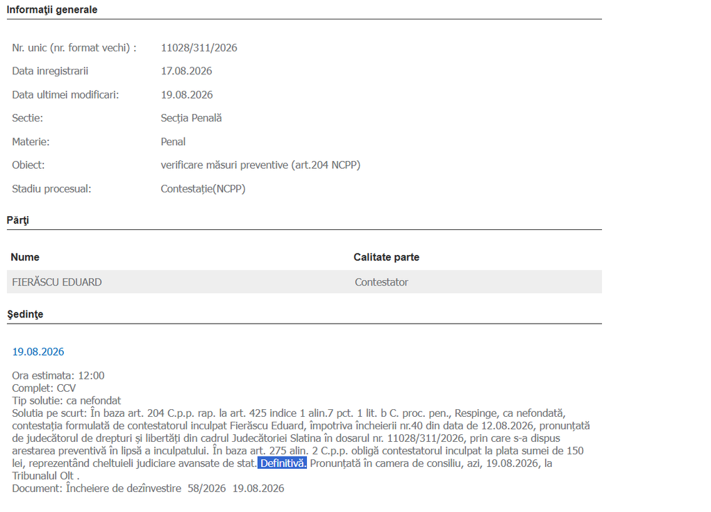 Romanian court document with case details: number 11028/311/2026, dates 17.08.2026 and 19.08.2026, Penal section, object and party listed as FIERASCU EDUARD (contestator).
