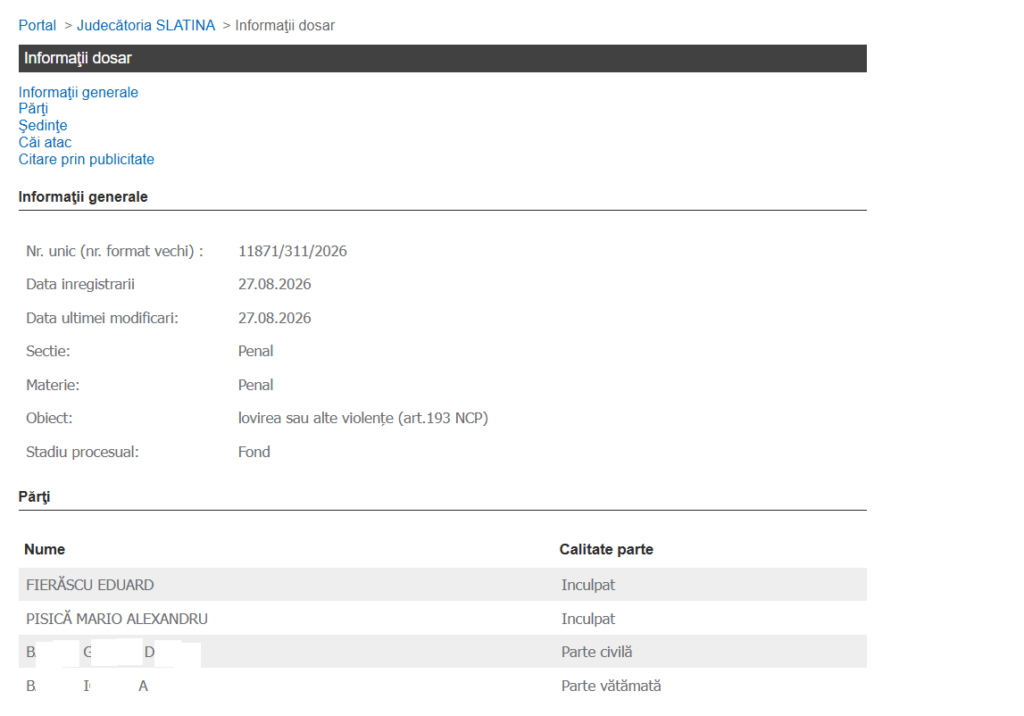 Screenshot 2026-08-31 151820 - Jurnalul Olteniei – Știri din Craiova și Oltenia Pagina informativă a dosarului penal: număr unic, date înregistrare, secția Penal, obiectul dosarului și părțile implicate cu calitatea lor
