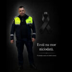 Policeman in a dark uniform with a neon vest beside a black ribbon on a dark background; memorial text in Romanian.