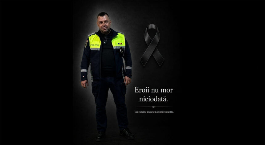 Policeman in a dark uniform with a neon vest beside a black ribbon on a dark background; memorial text in Romanian.