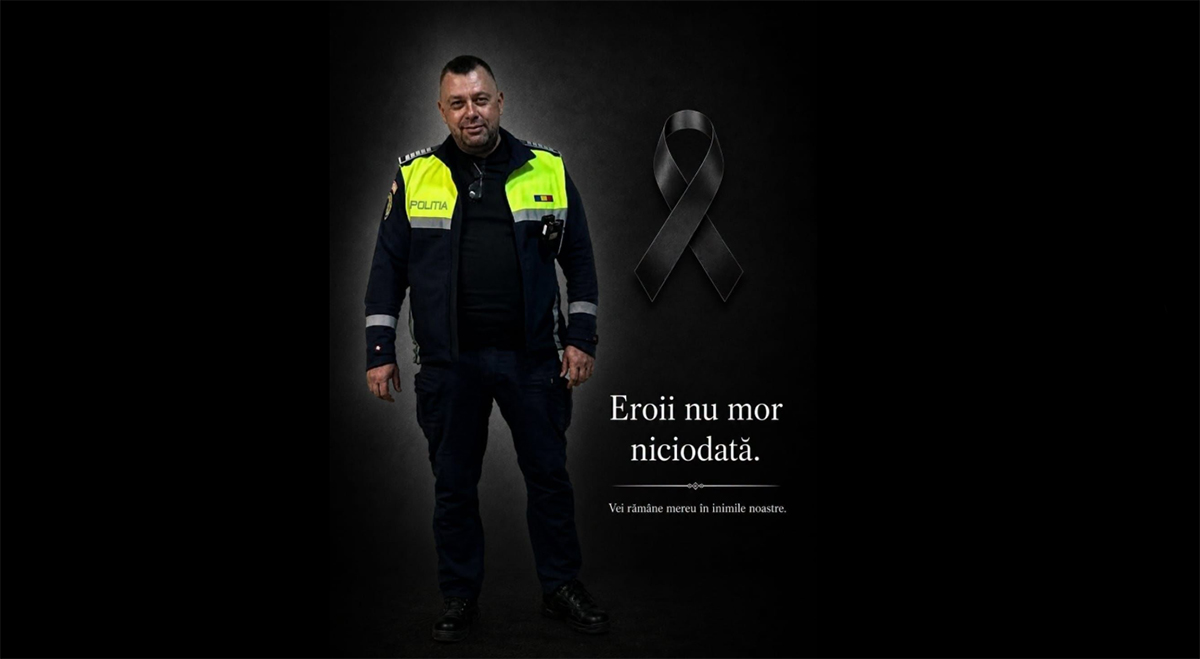 Untitled-9-1 - Jurnalul Olteniei – Știri din Craiova și Oltenia Policeman in a dark uniform with a neon vest beside a black ribbon on a dark background; memorial text in Romanian.
