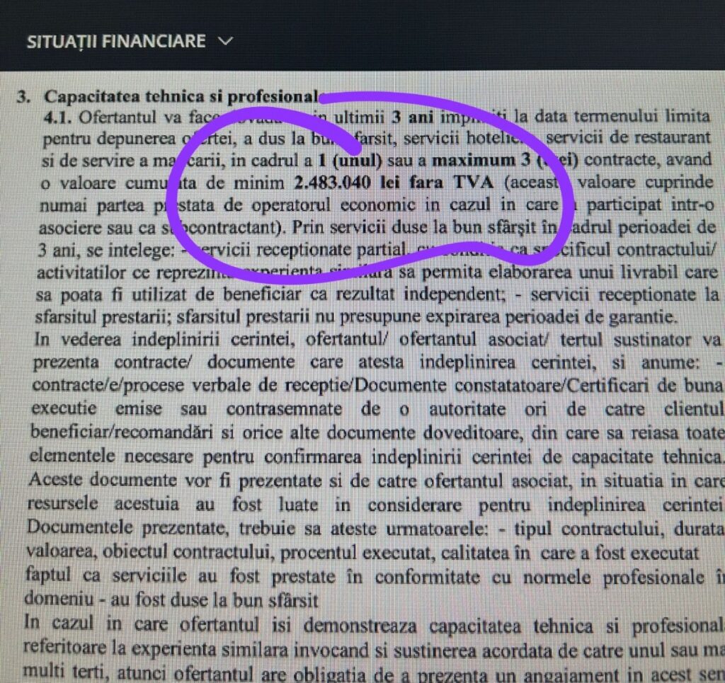 Page of a Romanian document with dense text; a purple circle highlights the section on 'capacitatea tehnica si profesionala' (technique and professional capacity).