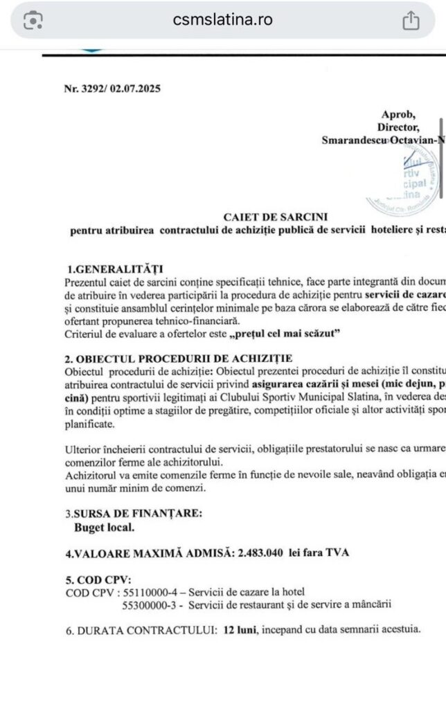 Romanian public procurement document titled 'Caiet de Sarcini' with sections Generalități and Obiectul procedurii.