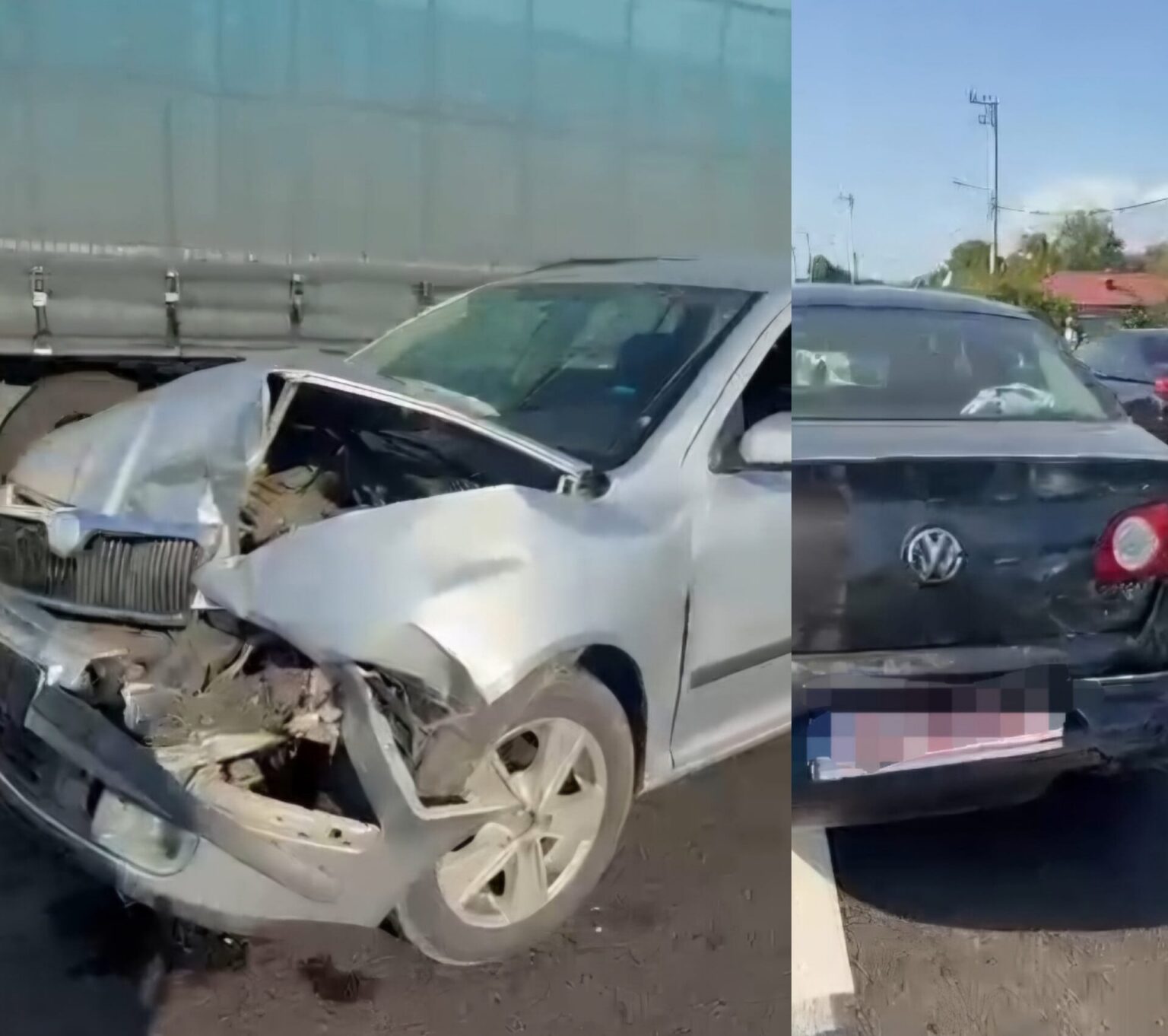 Silver sedan with severe front-end damage after a collision; debris scattered on the roadway.