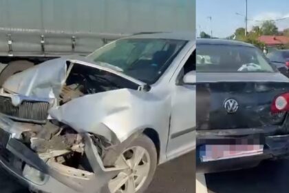 Silver sedan with severe front-end damage after a collision; debris scattered on the roadway.
