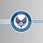 Round logo of Romania's National Integrity Agency on a gray gradient background with blue horizontal stripes behind it.