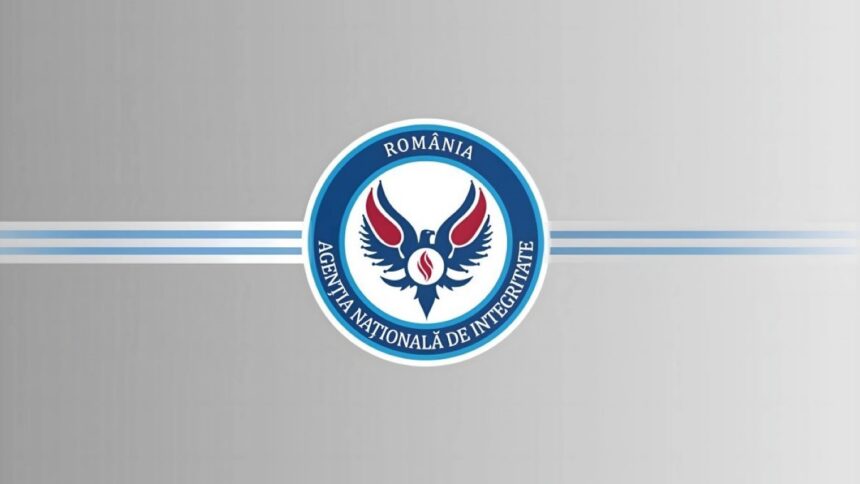 Round logo of Romania's National Integrity Agency on a gray gradient background with blue horizontal stripes behind it.