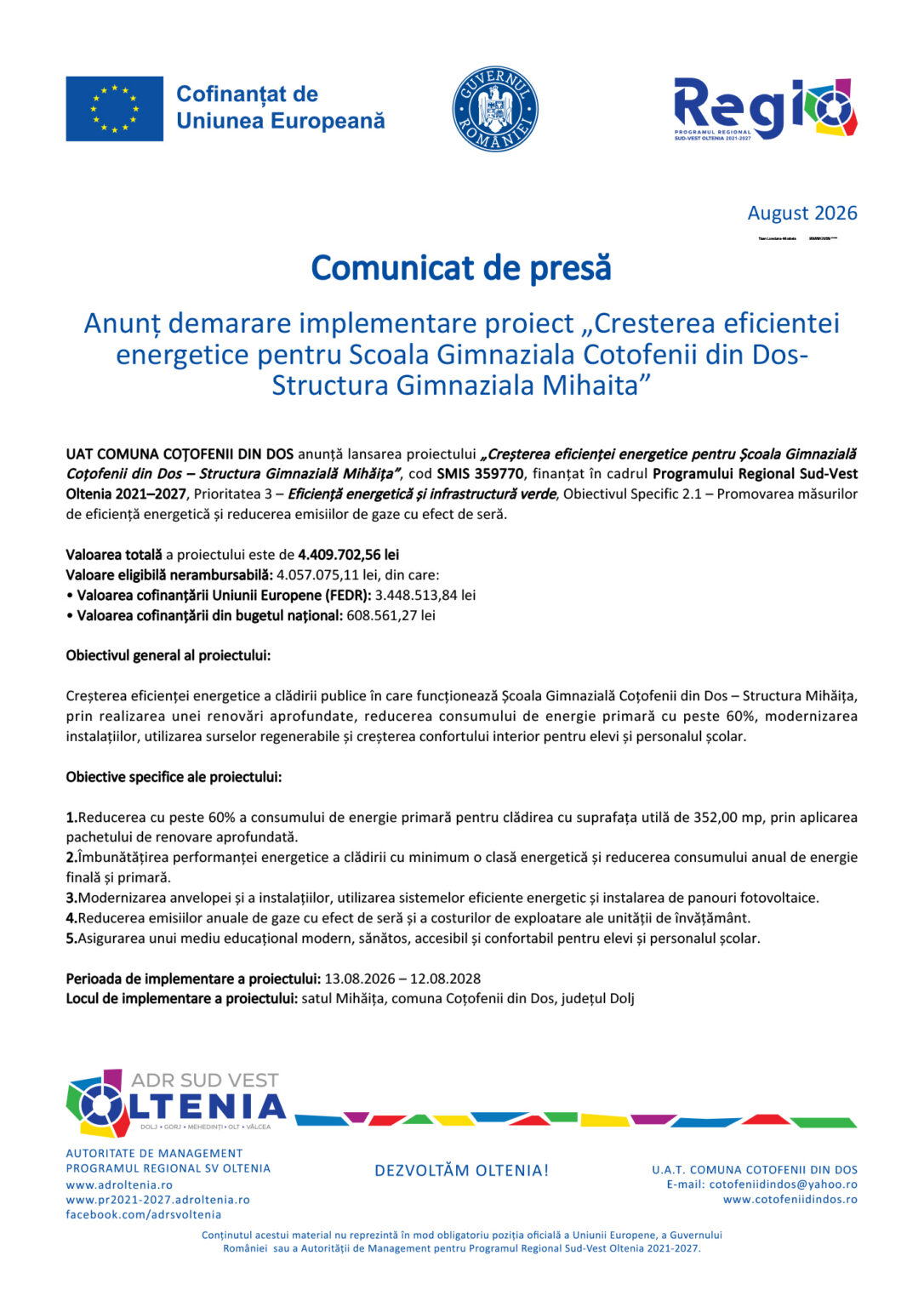 Press release cover with EU flag, Romanian government seal, and Regio logo; title 'Comunicat de presă' and August 2026 date for a project on energy efficiency at a school in Dos–Mihaia Mihăiţa.