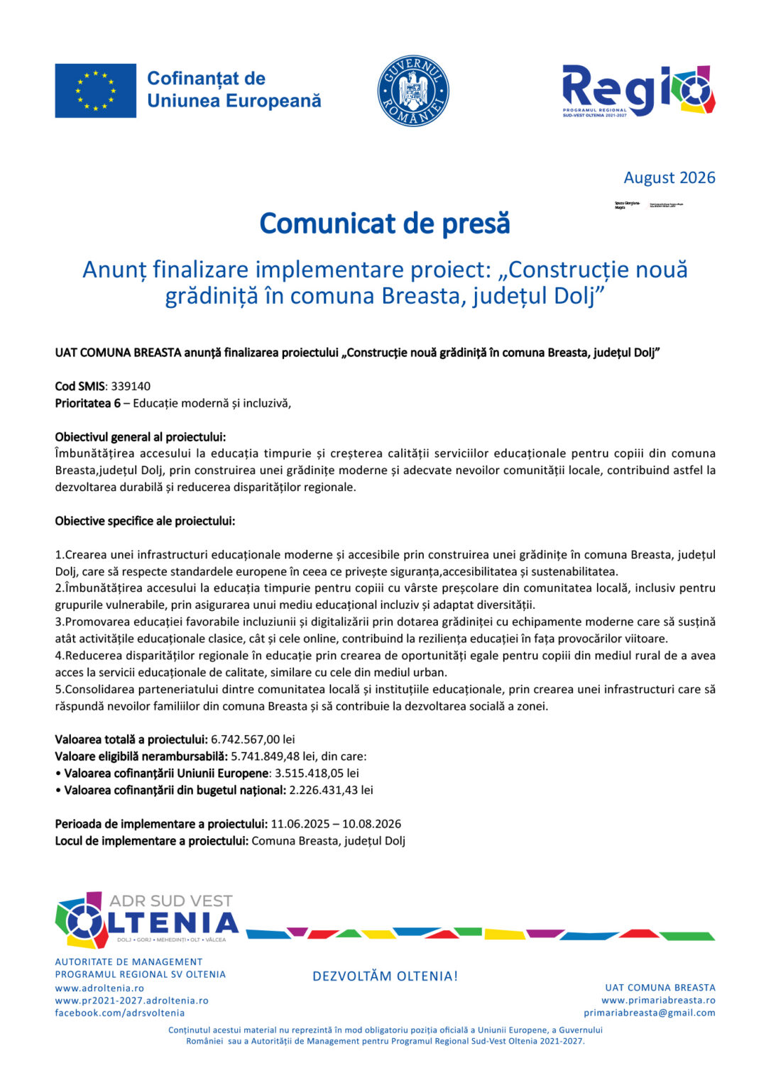 Press release document header with EU and Romanian regional logos; title 'Comunicat de presă' and project about building a new kindergarten in Breasta, Dolj county (August 2026).