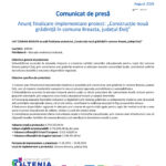 Press release document header with EU and Romanian regional logos; title 'Comunicat de presă' and project about building a new kindergarten in Breasta, Dolj county (August 2026).