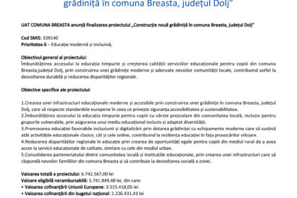 Press release document header with EU and Romanian regional logos; title 'Comunicat de presă' and project about building a new kindergarten in Breasta, Dolj county (August 2026).