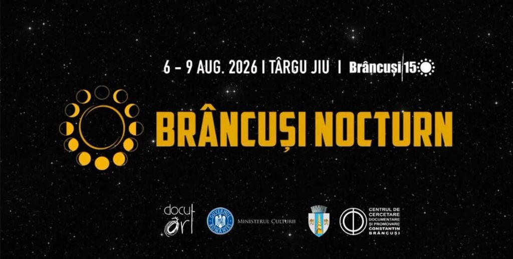 Poster for Brâncuși Nocturn, starry background, orange title, dates August 6–9, 2026, in Târgu Jiu.