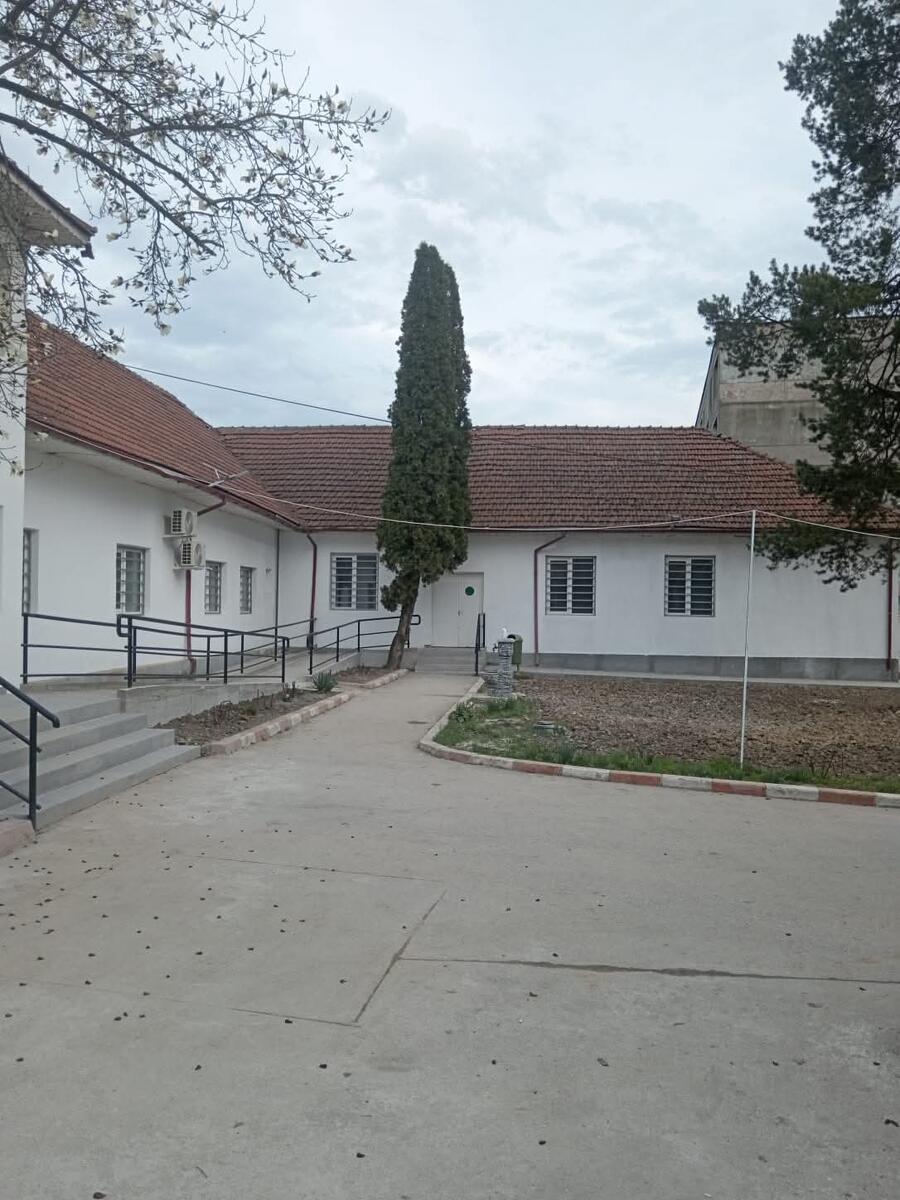 White single-story building with a red-tiled roof, a tall evergreen tree in the courtyard, and a paved walkway.
