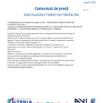 Cover page of a press release: title 'Comunicat de presă' and subtitle 'DIGITALIZAREA FIRMEI AVI PISCINE SRL' with logos and date 'august 2026'