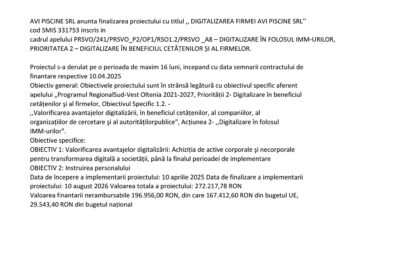 Cover page of a press release: title 'Comunicat de presă' and subtitle 'DIGITALIZAREA FIRMEI AVI PISCINE SRL' with logos and date 'august 2026'