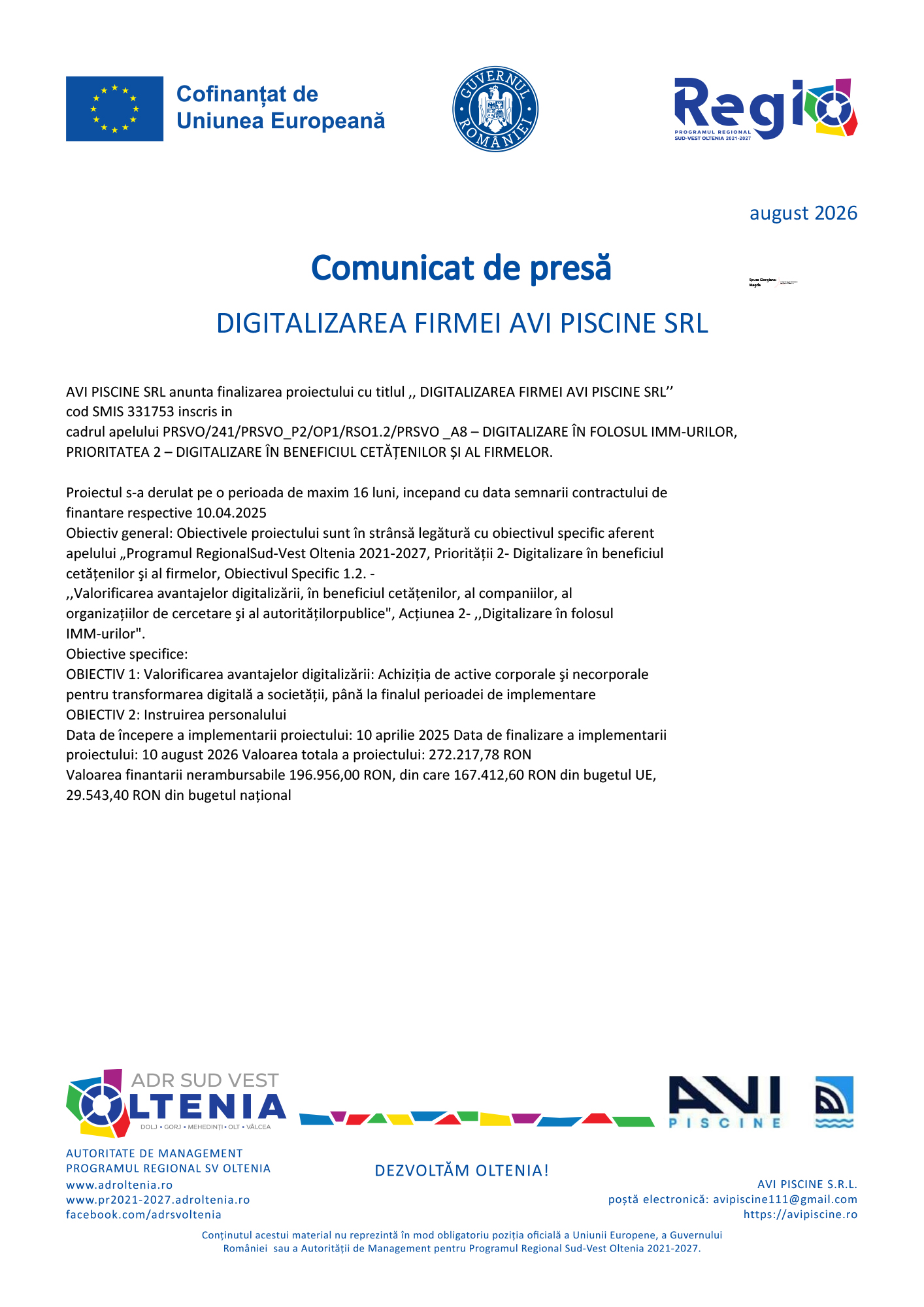 Cover page of a press release: title 'Comunicat de presă' and subtitle 'DIGITALIZAREA FIRMEI AVI PISCINE SRL' with logos and date 'august 2026'