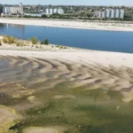 Wide river with exposed sandbars and green algae near the shore; industrial buildings and silos visible in the background.
