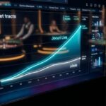 Large monitor displaying a financial dashboard with an upward-trending line chart; blurred people in a dimly lit room in the background.