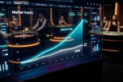 Large monitor displaying a financial dashboard with an upward-trending line chart; blurred people in a dimly lit room in the background.