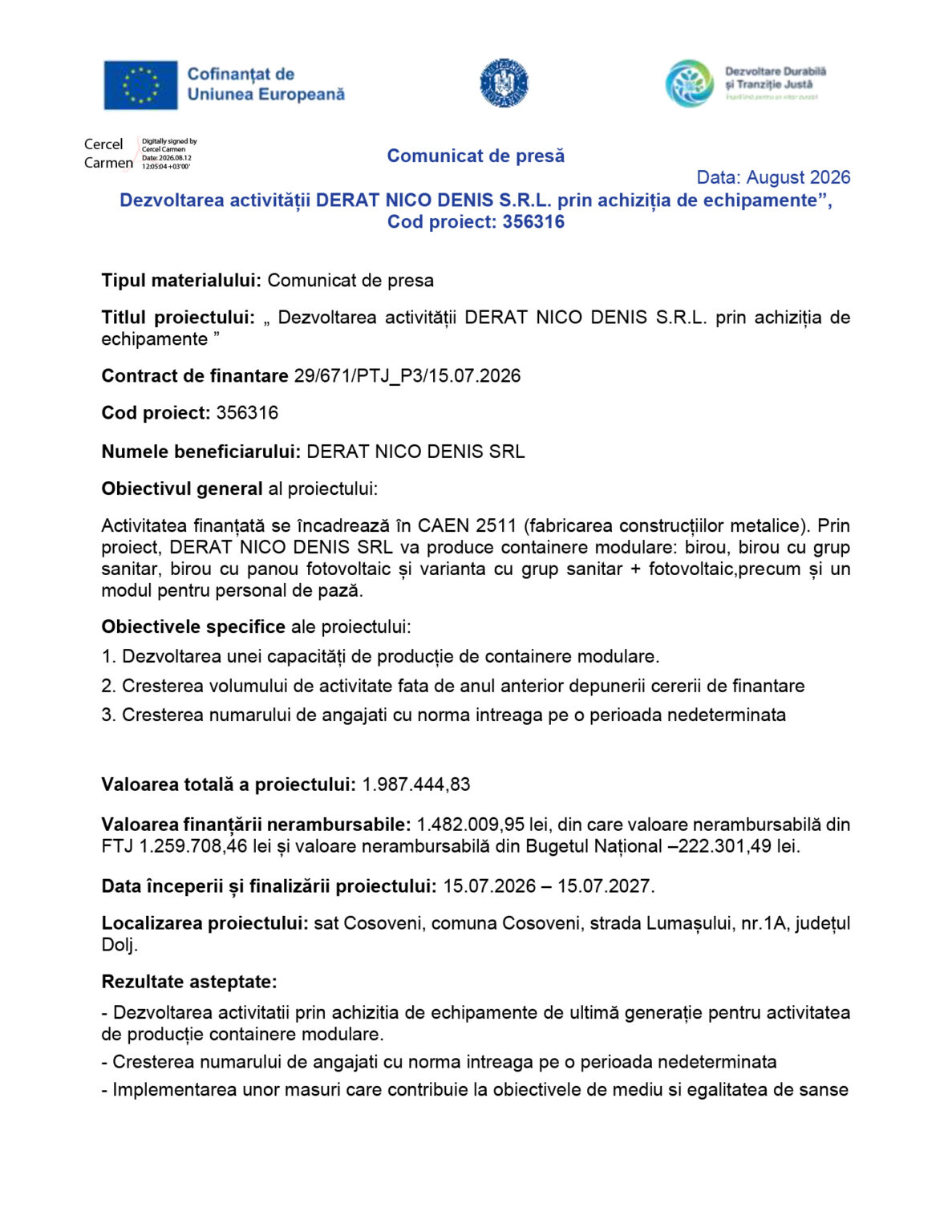 Document de presă cu titlul: Dezvoltarea activității DERAT NICO DENIS SRL prin achiziția de echipamente (comunicat de presă) – datele proiectului incluse pe marginele textului în română.