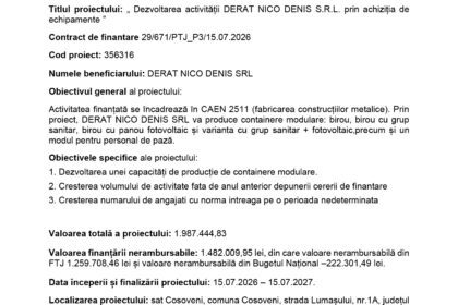 Document de presă cu titlul: Dezvoltarea activității DERAT NICO DENIS SRL prin achiziția de echipamente (comunicat de presă) – datele proiectului incluse pe marginele textului în română.