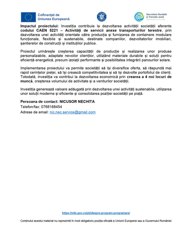 Official Romanian document page with logos (EU, Romanian authorities) and text describing the CAEN 5221 project and its aims, plus contact NICUSOR NECHITA and email link.