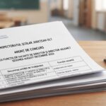 Document oficial pe birou cu sigla de pește Ministerul Educației; titlul Anunț de concurs al Inspectoratului Școlar Județean Olt și text despre ocuparea posturilor vacante pentru sesiunea 2026 (română).