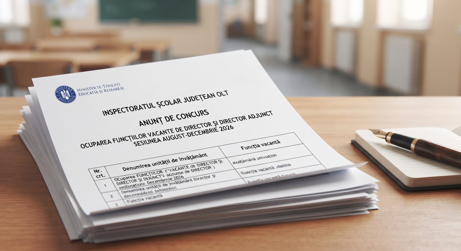 Document oficial pe birou cu sigla de pește Ministerul Educației; titlul Anunț de concurs al Inspectoratului Școlar Județean Olt și text despre ocuparea posturilor vacante pentru sesiunea 2026 (română).