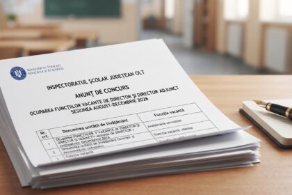 Document oficial pe birou cu sigla de pește Ministerul Educației; titlul Anunț de concurs al Inspectoratului Școlar Județean Olt și text despre ocuparea posturilor vacante pentru sesiunea 2026 (română).