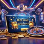 Smartphone on a casino table displaying 'FREE SPINS & DEPOSIT BONUS' with golden chests and coins around, a roulette wheel nearby, and colorful neon casino lights in the background (adult gambling advisory visible).