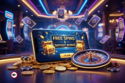 Smartphone on a casino table displaying 'FREE SPINS & DEPOSIT BONUS' with golden chests and coins around, a roulette wheel nearby, and colorful neon casino lights in the background (adult gambling advisory visible).