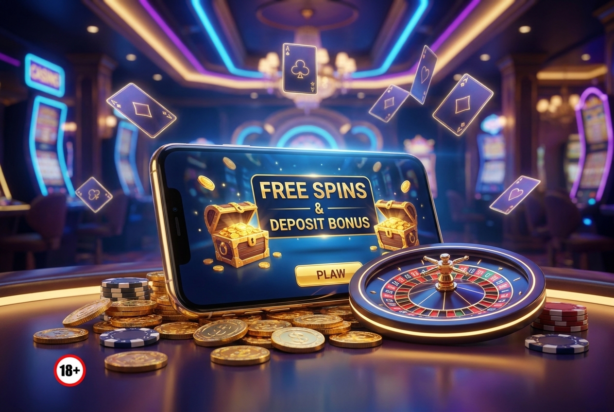 Smartphone on a casino table displaying 'FREE SPINS & DEPOSIT BONUS' with golden chests and coins around, a roulette wheel nearby, and colorful neon casino lights in the background (adult gambling advisory visible).