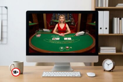 Monitor shows an online baccarat table with a dealer in a red dress; 18+ warning sign sits on the desk beside a mug and clock.