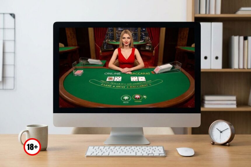 Monitor shows an online baccarat table with a dealer in a red dress; 18+ warning sign sits on the desk beside a mug and clock.