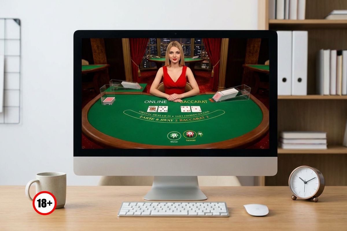 Monitor shows an online baccarat table with a dealer in a red dress; 18+ warning sign sits on the desk beside a mug and clock.