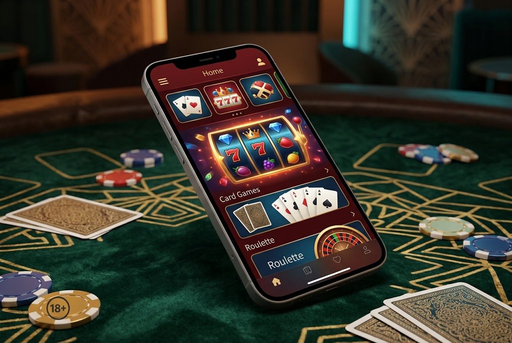 Smartphone on a casino table displaying a gambling app with slots and card games