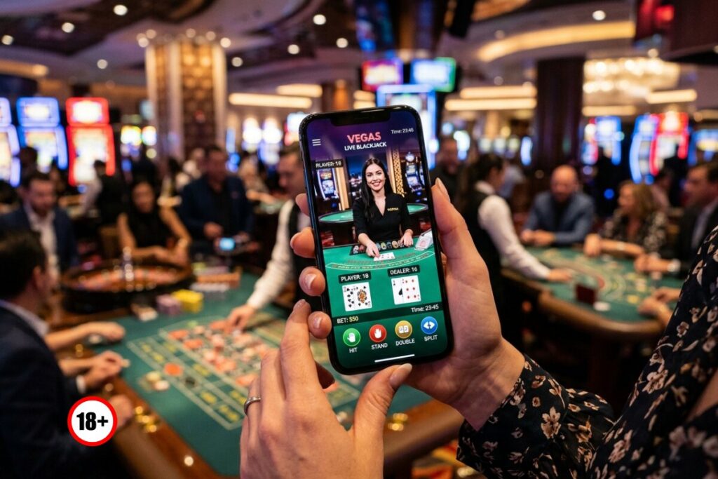 Close-up of a hand holding a smartphone showing a live blackjack game with a dealer at a green blackjack table, crowds in a busy casino background.
