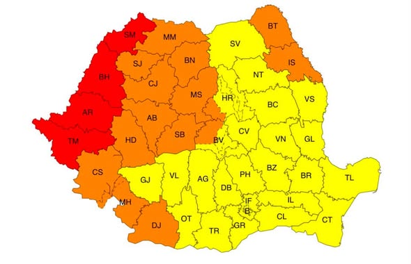 Map of Romania showing counties shaded in red, orange, and yellow.