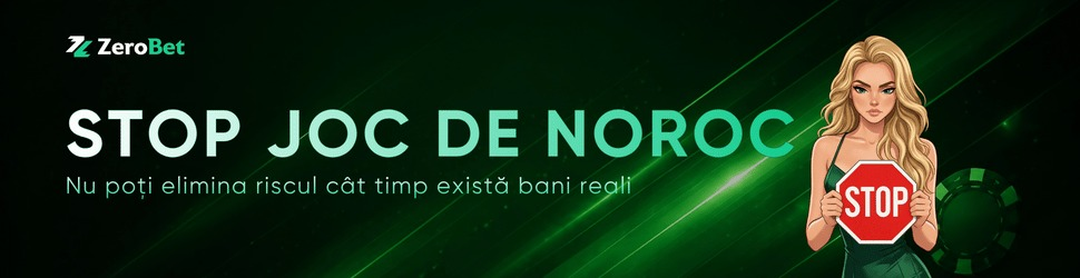 ZeroBet banner with 'STOP JOC DE NOROC' and a cartoon woman holding a stop sign; Romanian message about gambling risks and real-money bets.
