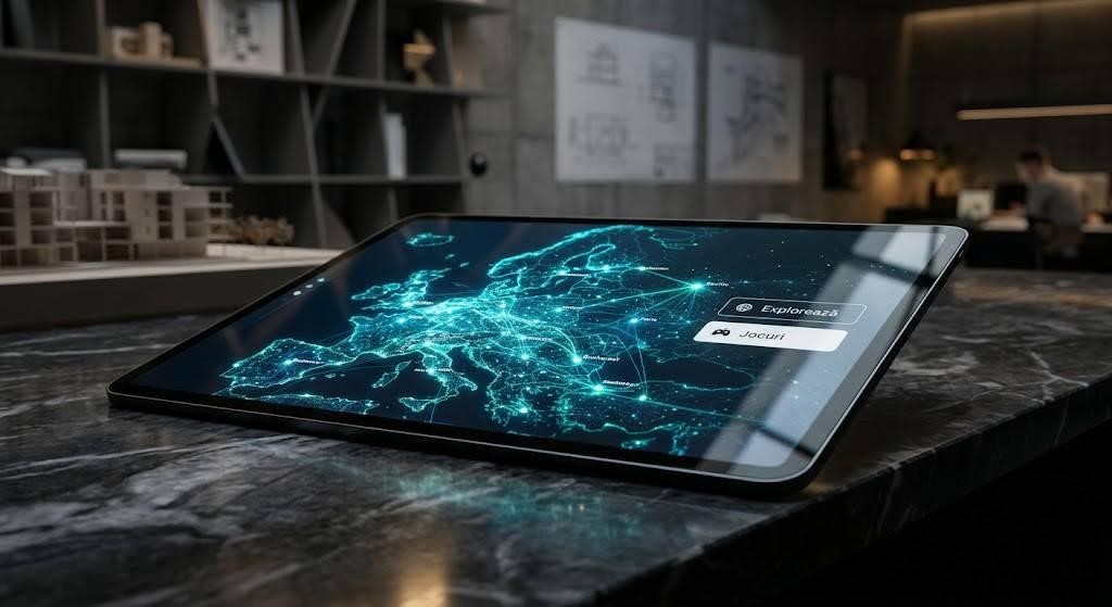 Tablet on a marble countertop displaying a glowing blue global network map with two on-screen buttons (Explore and Jocuri)