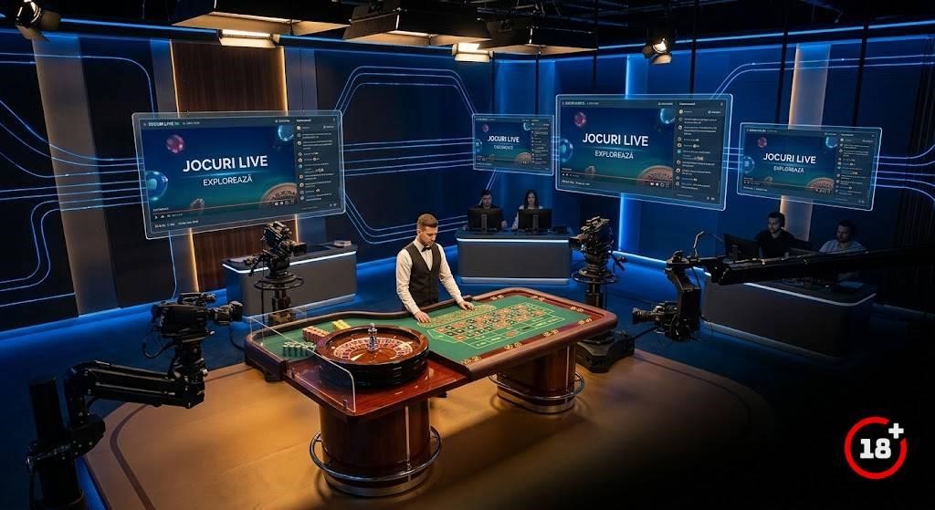 Live casino studio with a dealer at a roulette table, multiple screens displaying JOCURI LIVE and blue neon lighting.