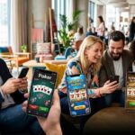 Group of adults gathered around a table, looking at smartphones with casino game apps in a modern lounge. A playful, social moment.