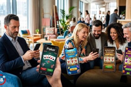 Group of adults gathered around a table, looking at smartphones with casino game apps in a modern lounge. A playful, social moment.