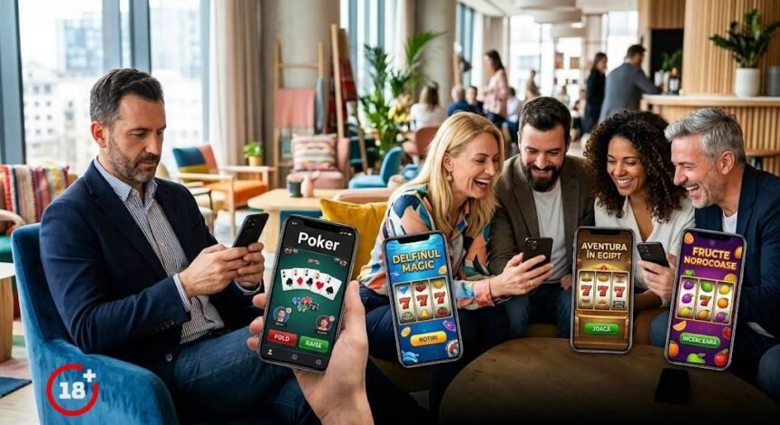 Group of adults gathered around a table, looking at smartphones with casino game apps in a modern lounge. A playful, social moment.