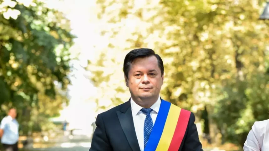 Man in a dark suit and blue tie wearing a blue-yellow-red sash, standing outdoors in a sunlit park.