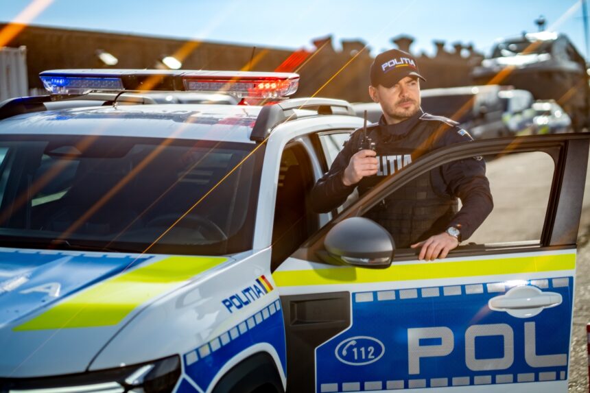 Policeman in tactical vest stands beside an open patrol car door, holding a radio, with blue and red police lights on the roof behind him, on a sunny day.
