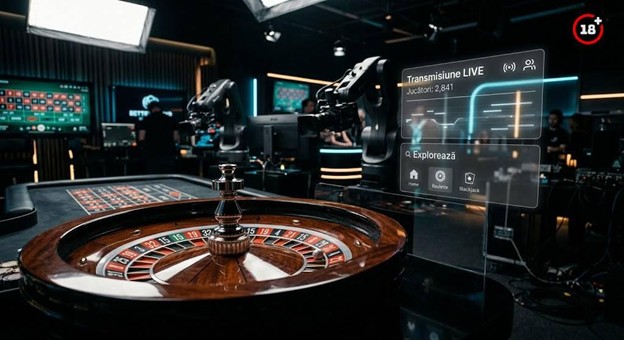 ruleta live dealer - Jurnalul Olteniei – Știri din Craiova și Oltenia Roulette wheel on a television studio set with cameras, lights and a translucent live-broadcast HUD in the foreground.